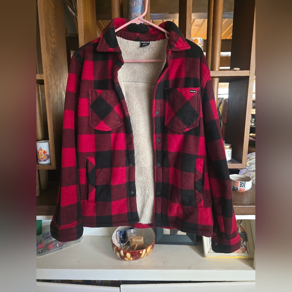 Hurley Lined Red and Black Button Down Fleece Jacket Small